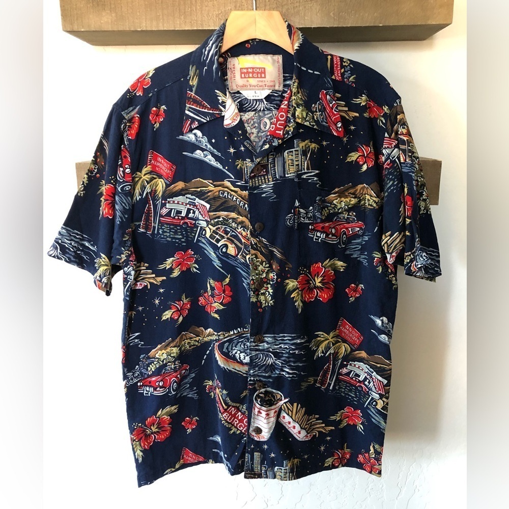 In N Out Burger Hawaiian Vintage style novelty print button-down shirt